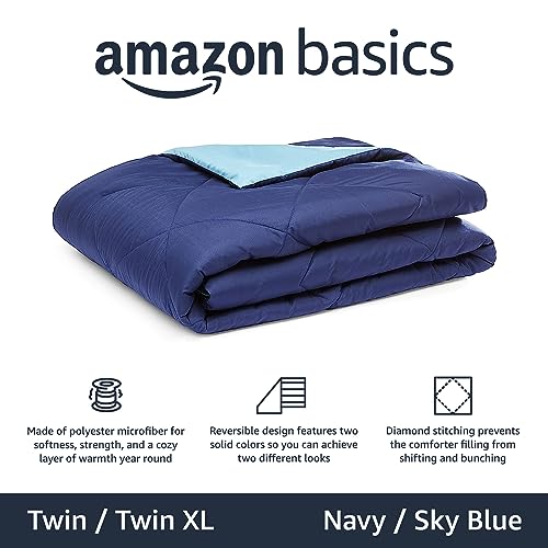 Amazon Basics Comforter Blanket Twin/Twin XL, Reversible Lightweight Microfiber All Season Blanket, Navy/Sky Blue - Image 3
