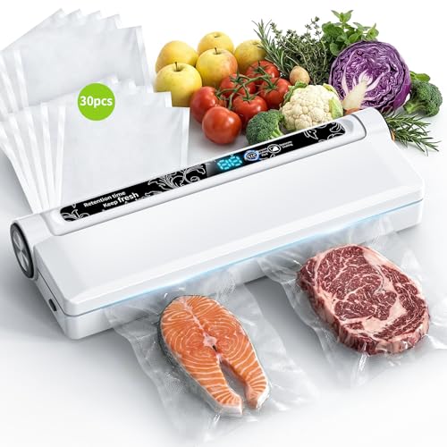 Vacuum Sealer Machine 95KPA Powerful Suction, 10s Fast Seal, Dry & Moist Modes, Compact Food Vacuum Sealer with 30 Bags Included, Automatic Food Saver for Meal Prep, Sous Vide & Kitchen Storage