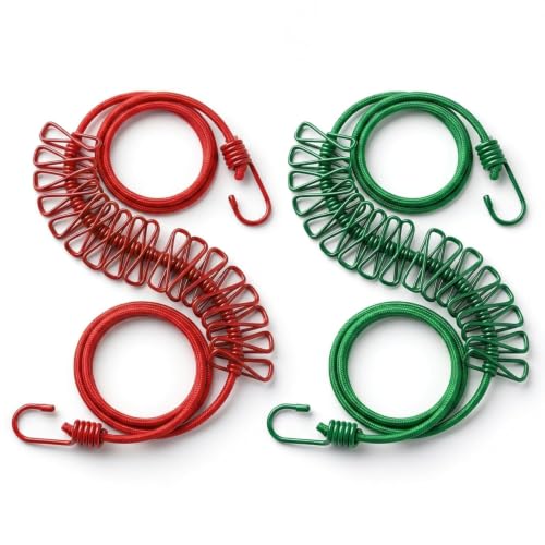 Image of 2 Pcs Elastic Clothes Drying Rope with Hooks & 12 Clips | Portable Hanging Clothesline for Travel, Home, Balcony & Outdoor Use | Kapde Sukhane Ki Rassi Wire | Strong Stretchable