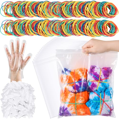 Acellegic 1000 Pcs Rubber Bands Kit for Tie Dye Projects Craft Project Colorful Elastic Rubber Band with 100 Pairs Gloves 100 Sealed Bags for Office Supplies Tie Dye Accessories