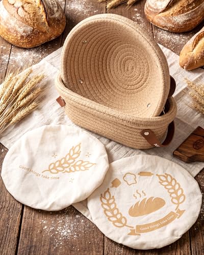 Banneton Gärkörbchen Set Sauerteig, Brot Gärkorb Set aus Baumwollseil mit 23 cm rundem Gärkörbchen und 26 cm Gärkörbchen oval, Einlagen und Abdeckungen für Boule und Batard