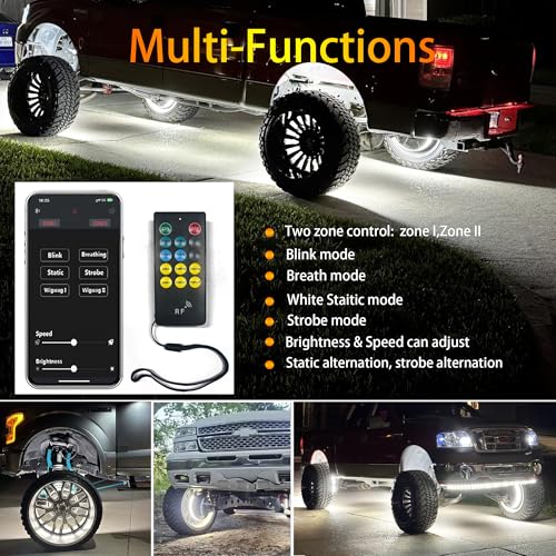 Image of Ultra-Bright 4PCS 17 inch Double Row Pure White Wheel Lights for Truck Car,APP & RF Remote Control Wheel Weel Ring Rim Lighting kit with Strobe Blink Modes,Waterproof IP68,12V,2592 LEDs