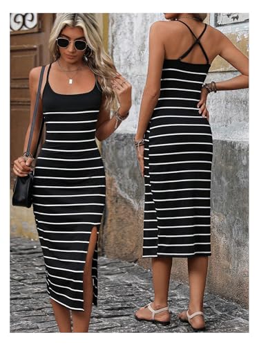 Image of GORGLITTER Women's Striped Sleeveless Cami Dress Crisscross Back Scoop Neck Midi Dresses with Slit