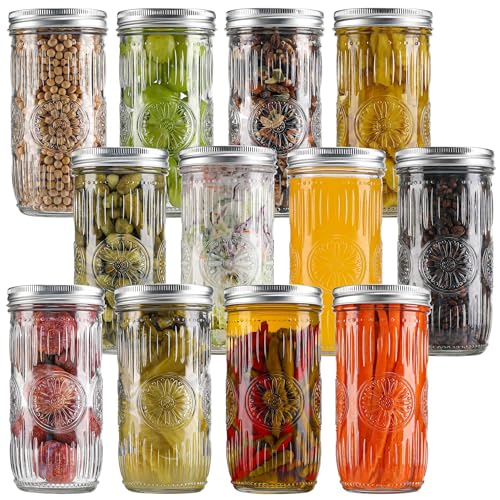Qumuauu 12 Pack 24 oz Tall Wide Mouth Mason Jars Pint and a Half Glass Canning Jars with Airtight Metal Lids & Bands for Pickling Fermenting Cold Brew Overnight Oats Meal Prep