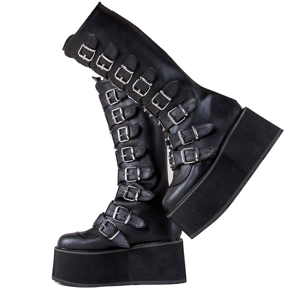 Womens Chunky Platform Knee High Boots High Heel Round-Toe Zip Punk Goth Mid Calf Combat Boots For Women