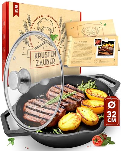 KRUSTENZAUBER 32cm Gusseisenpfanne Induktion - Voreingebrannte Gusseisen Pfanne - Ideale Grillpfanne Induktion, Eisenpfanne, Cast Iron Pan, Bratpfanne, Gusseiserne Pfanne Skillet Gusspfanne