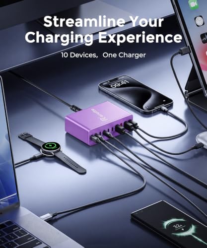 Image of USB C Charging Station 10 Port with 4 Cables,245W GaN Charger Block | Type C Wall Charger Power Strip Adapter Plug for iPad iPhone17 16 15 14 13 12 Pro Max Pixel Note Galaxy Purple