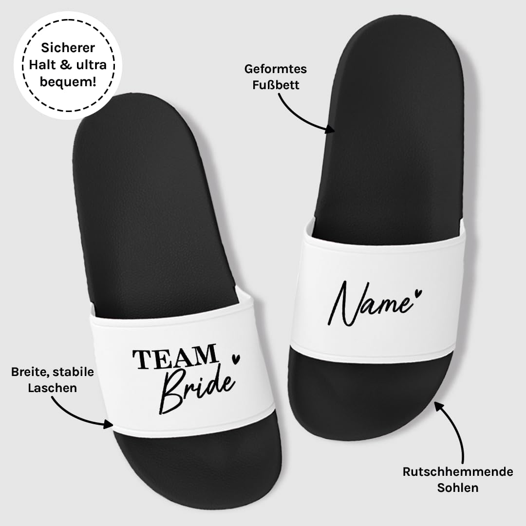 Prozente Momente Team Bride - Personalisierte JGA Badelatschen für Damen – Bequeme Schlappen & Hausschuhe für den Junggesellinnenabschied