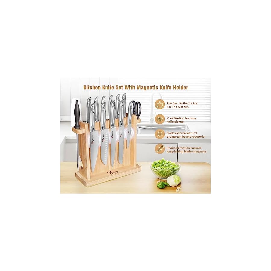 SYOKAMI Kitchen Knife Set, 14 Pieces Japanese Style Knife Block Set with Magnetic Holder, High Carbon Stainless Steel Ultra Sharp Knives for kitchen with Ergonomic Handle and Sharpener, Black Dot