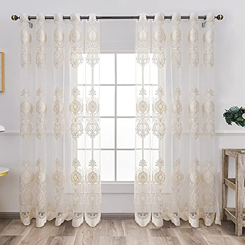 Gold Floral Embroidered Lace Curtains Sheer Window Curtains For Living Room Bedroom,2 Panels 62X87 Inch White Voile Drapes Clwyah302 #TOP1