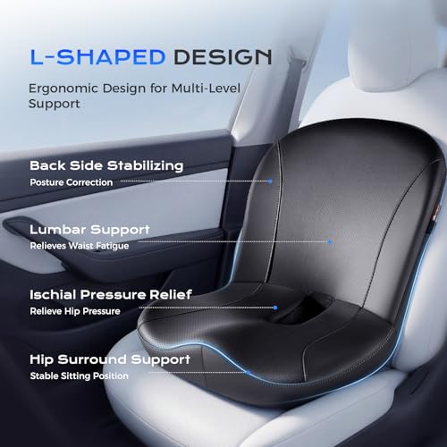 Image of Coverado Car Seat Cushion and Lumbar Support Pillow One Piece, Napa Leather Memory Foam Ergonomic Back Support Driving Seat Cushion for Back Pain, Non-Slip Washable Cushion for Car, Driver, Office