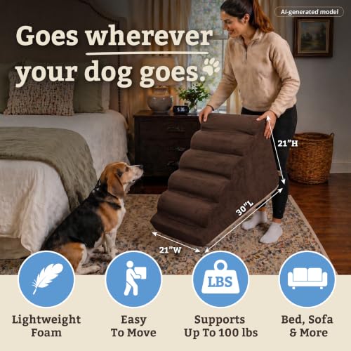 Image of Snoozer Scalloped Dog Ramp, 21 inch Tall Foam Pet Stairs, 5 Steps, Hot Fudge