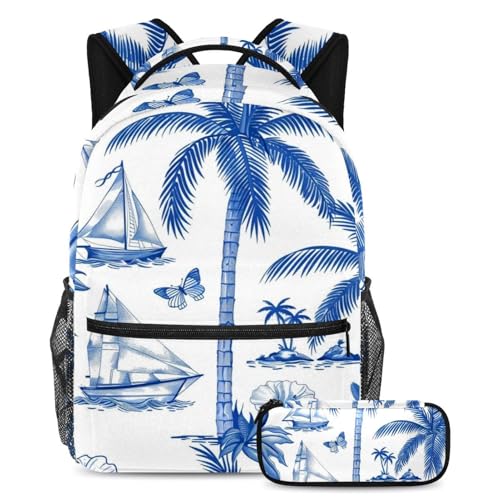 Sac à dos grande capacité motif bleu tropical avec trousse à crayons robuste