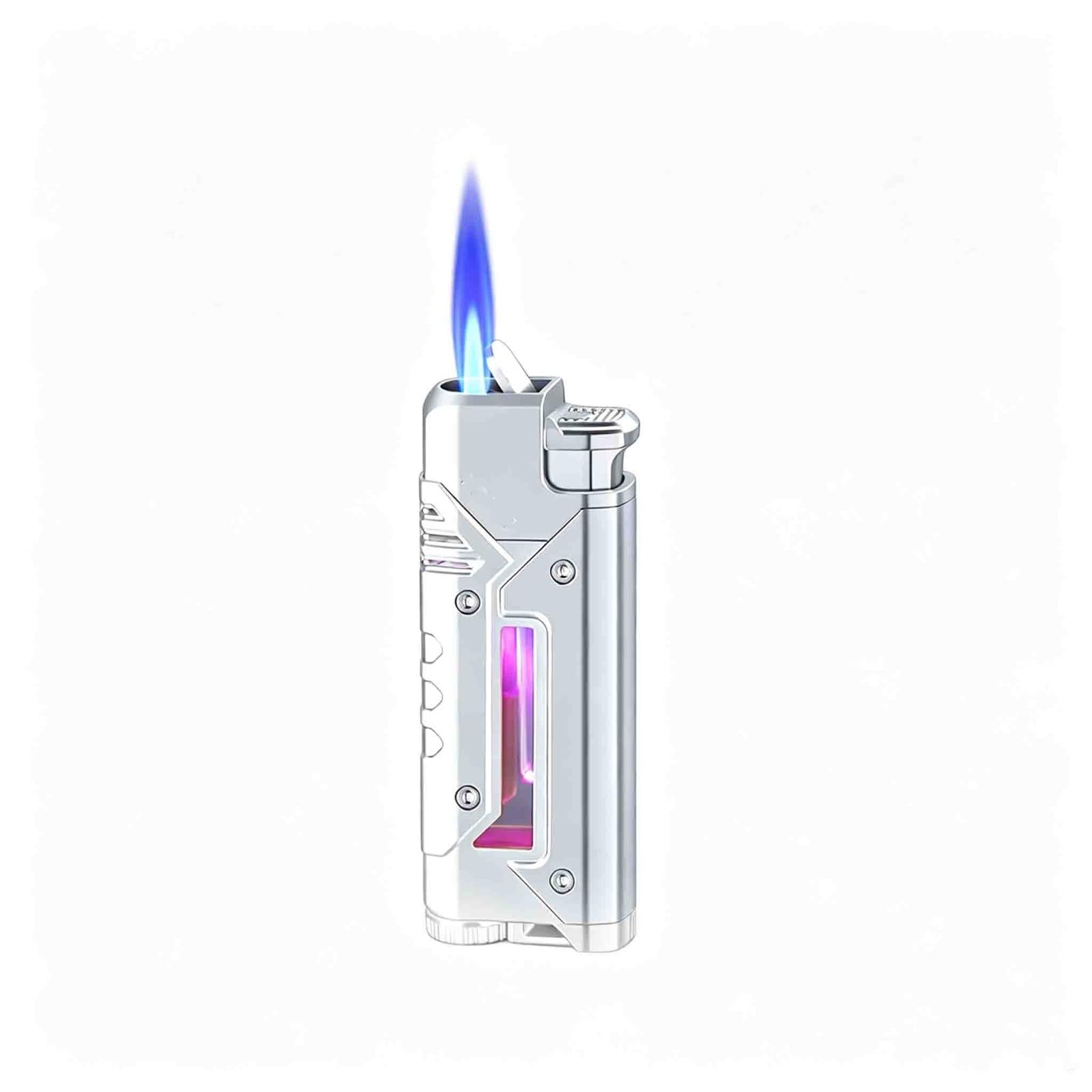 OGQBEAPC Windproof Jet-Flame Butane Lighter with Transparent Fuel Window; Refillable and Adjustable Flame—Designed for Men.(A)