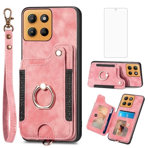 Asuwish Phone Case for Motorola Moto G15 4G Lte/G15 Power Wallet Cover with Screen Protector and Wrist Strap Lanyard RFID Credit Card Holder Ring Stand MotoG15 G 15 15Power XT2521-2 Women Men Pink