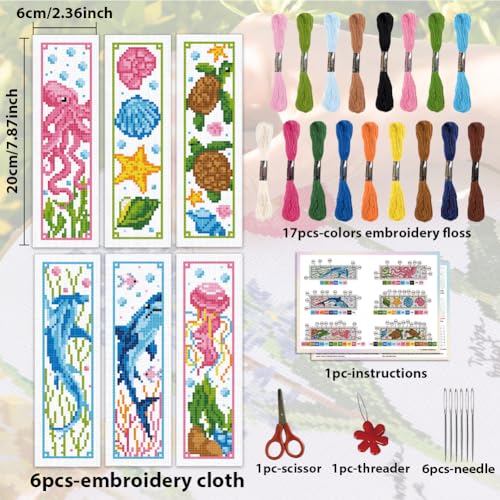 Image of ACRNIGHEET 6PCS Cross Stitch Bookmark Kits Marine Animals Pattern Stamped Cross Stitch Kits for Beginners Adults DIY Stamped Embroidery Bookmarks with Instructions Hand Embroidery Craft Gift 11CT