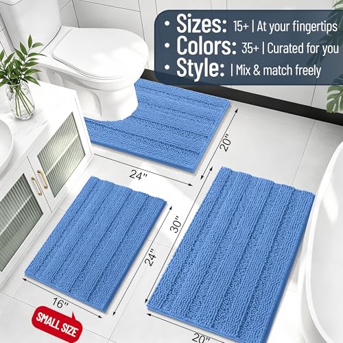 Image of Smiry Thick Chenille Bathroom Runner Rugs 44x24, Extra Absorbent Striped Bath Mat, Machine Washable, Rubber Backing, Long Bath Rugs for Tub & Shower, Modern Home Decor Accessories, Cornflower Blue