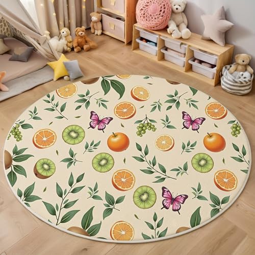 Tapis de chambre lavable en machine beige clair rond 100cm imprimé nature