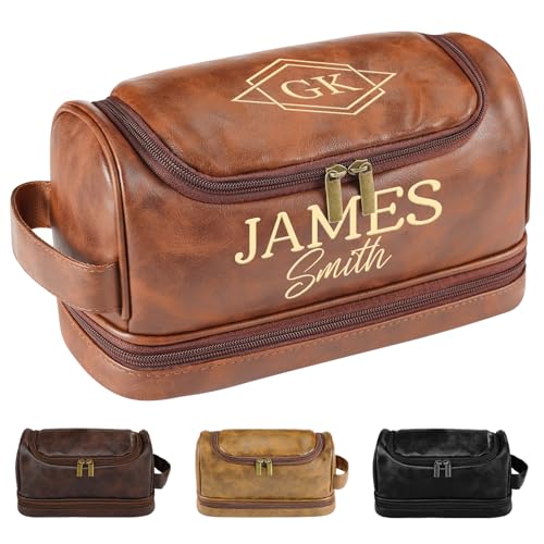 Personalized Toiletry Bag for Men, Custom Toiletries Shaving Bag Travel Pouch, Engraved Monogrammed Leather Dopp Kit, Ideas Gifts for Men, Him, Dad, Husband, Grandpa, Boyfriend, Groomsmen, Birthday