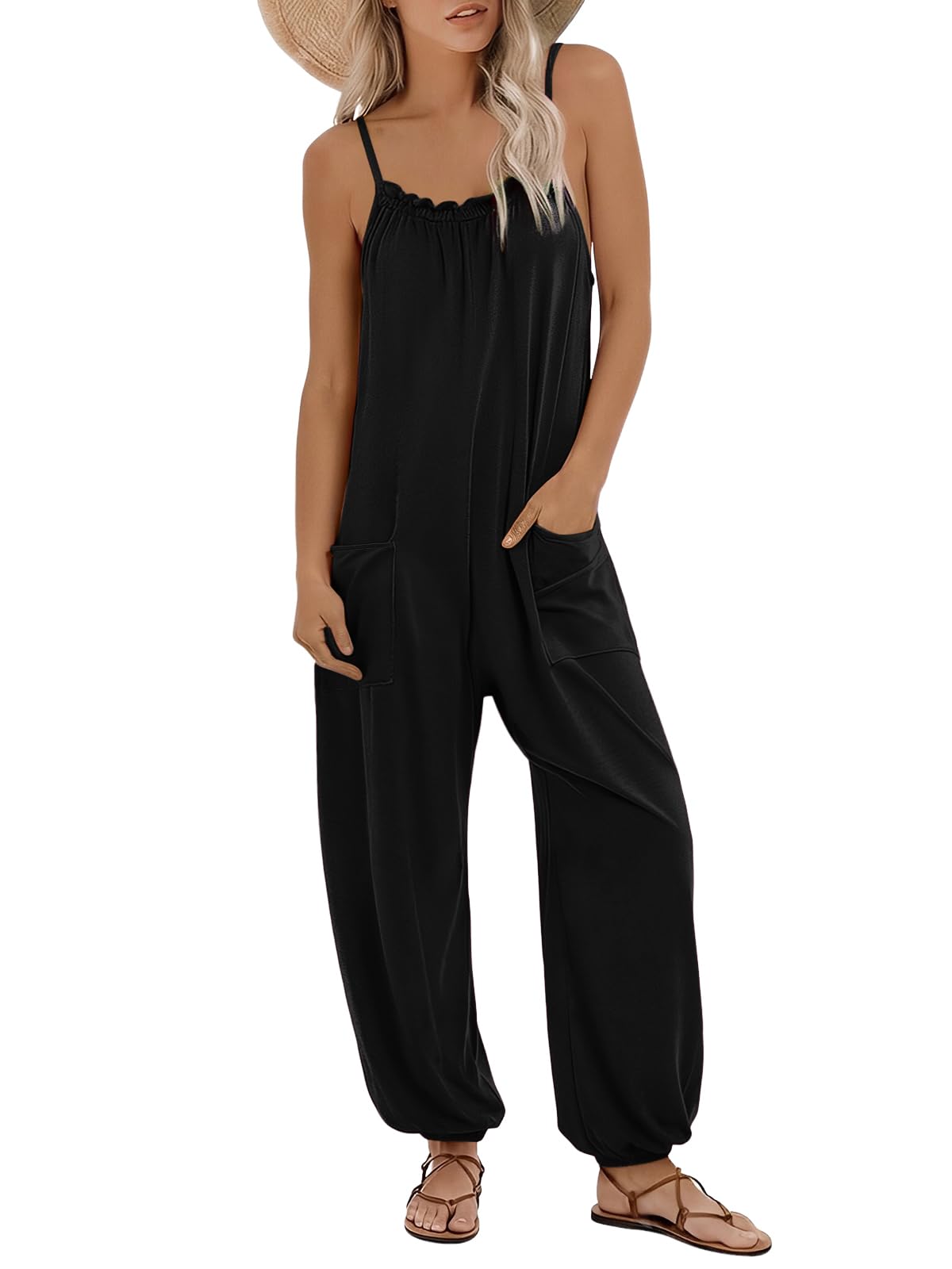 Women Summer Loose Jumpsuits Casual Sleeveless Spaghetti Strap Rompers Trendy Beach Vacation Outfits