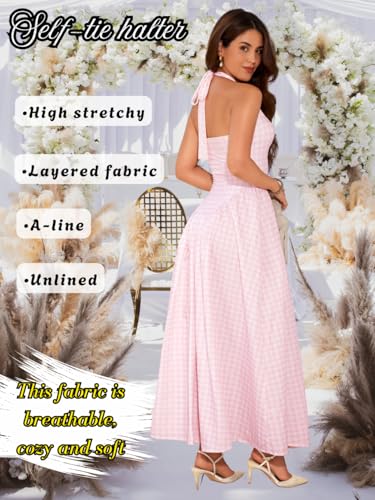 Image of ChiaoLezhee Deep V Neck Dress, Halter Maxi Dresses, Vacation Date Night, Sexy for Women Corset Flowy Wedding Guest Drop Waist