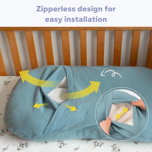 Image of FUNUPUP Muslin Baby Lounger Cover Only, Blue | 100% Muslin Cotton Soft Breathable Easy On /Off Envelope Closure Machine Washable Easy-Clean Protector Neutral Colors