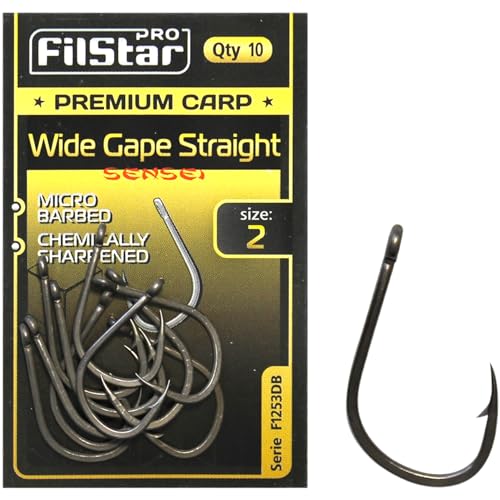 PRO FILSTAR 10 Stück Angelhaken Set Wide Gape Straight N2 - Haken für Karpfenangeln - Karpfen Angeln Zubehör - Pop Up Boilies Karpfenhaken - Carp Fishing Hooks - Angelzubehör - Karpfen Rigs - Zubehör
