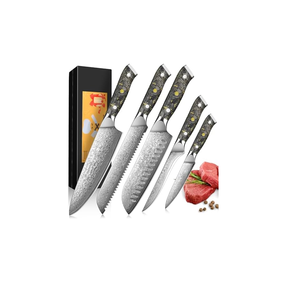 Kuwata Damascus Chef Knife Set, Professional Black Gold Series 5PCS Kitchen Knife Set, VG10 Damascus Steel Cooking Knife Set, G10 Ergonomic Black Gold Handle Knife Set with Gift Box