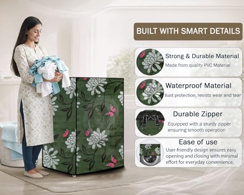 Image of Stylista Washing Machine Cover Compatible for Bosch 8 kg Front Load WAT24463IN Petals Pattern Green