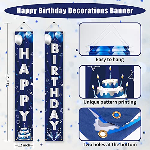 Image of Blue Silver Birthday Decorations Banner, Happy Birthday Door Sign, Polyester, 72 x 12 Inch, for Men Women Boys Girls, Reusable, Ideal Party Supplies