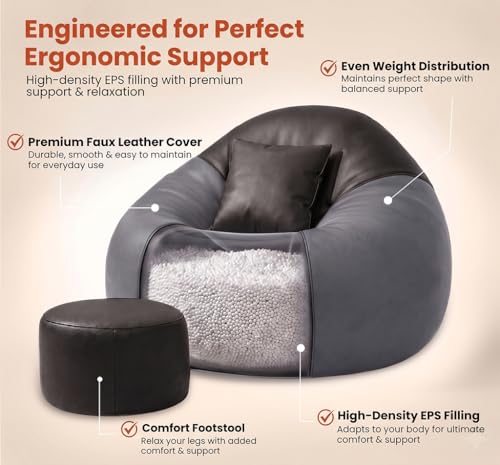 Image of Sattva Classic 2XL Bean Bag Chair with Beans Filled | Faux Leather Sofa Style Beanbags Combo with Footstool & Cushion | Comfortable Bin Bags Sofa for Adults & Home Office Seating - Black & Grey