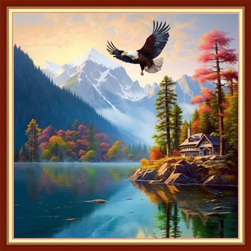 Image of Dooxvey Cross Stitch Kits for Adult Beginners - Full Range of Stamped Kits, Needlepoint & Embroidery Kits - 11CT Cross Stitch Patterns: Eagle Scenery, 18x18 inch