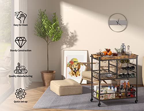 Gizoon 3 Tier 38" Home Bar Serving Cart W/ Large Storage Space, Mobile Kitchen Storage Trolley W/ Wine Rack, Glass Holder, Removable Tray,Lockable Wheels, Footpads, Heavy Duty - Retro #TOP2