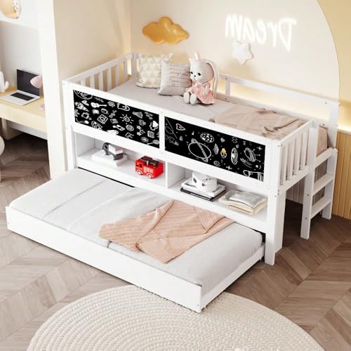 Sairedel Cuna 90x200 cm 'cama de casa' con mesa – Cama nido con escalera y trastero – Madera maciza, blanco, sin colchón