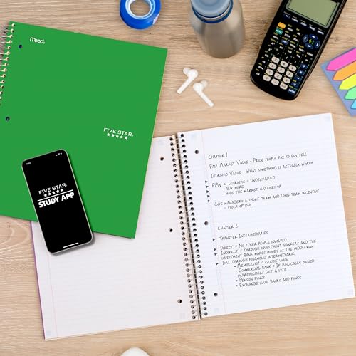 Image of Five Star Spiral Notebook + Study App, 1 Subject, College Ruled Paper, 8.5 inch x 11 inch, 100 Sheets, Assorted Colors, 6 Pack (38052)