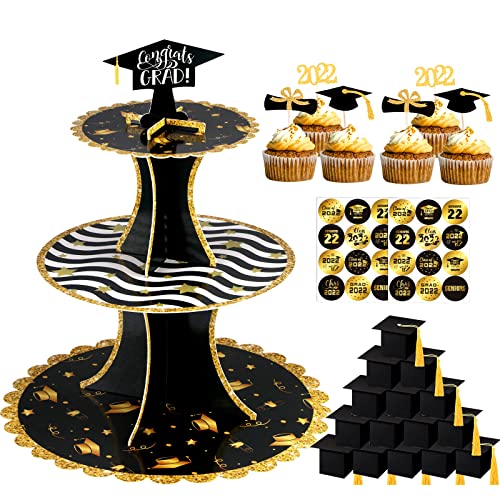 Graduation Cupcake Stand. 2Set Class of 2022 Green White Gold 3Tiered