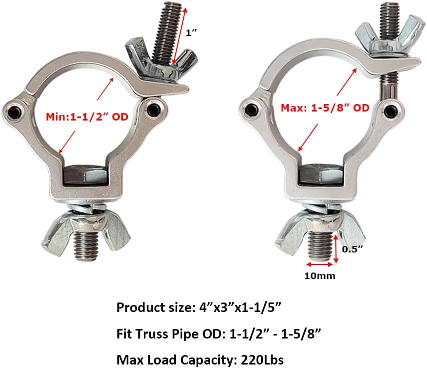 1-1/2” Stage Light Clamp Aluminum Lighting Clamps For 1-1/2-1-5/8” Stage lighting Truss OD 4Pack Silver