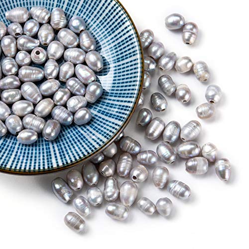 Image of Beadthoven 100pcs Natural Oval Freshwater Pearl Beads 7~10mm Large Hole Rice Shape Pearl Beads for Leather Cord Jewelry Making DIY Crafts 7~10mm (Gray)