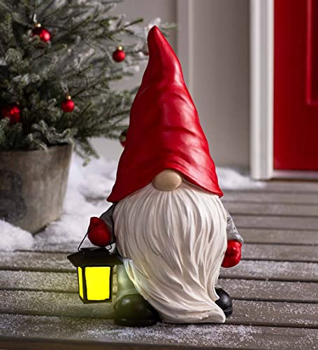 Dantazz Weihnachten Gartenzwerg LED Solar Licht Zwergstatue Harz Weihnachtszwerg mit Laterne Harz GNOME Skulptur Weihnachtsskulptur Solar Lichter Ornament Gartendeko Weihnachtsdeko (Rot, 12×18cm) Cover