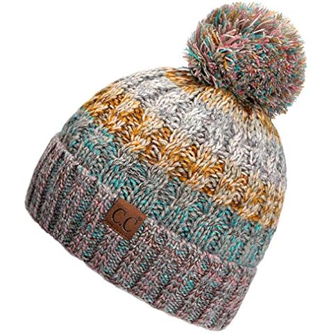 HATSANDSCARF C.C Women's Winter Slouchy Knitted Hat Cable Knit Pom Beanie Hat (Rose/Mint) Cover