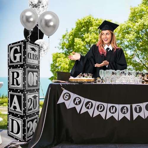 Image of Black and Silver Graduation Decorations Class of 2026 Balloon Boxes with inchGRAD inch and inchCLASS OF 2026 inch Letters Graduation Boxes for High School and College Announcements