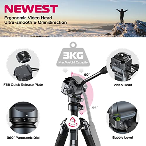 Ulanzi F38 Video Travel Tripod, 61.4" Lightweight Carbon Fiber Camera Tripod With Quick Release 1/4" Screw & Video Head, For Most Cameras/Dslr/Projector, Weight 2.38Lbs, Maxload 22Lbs #TOP1
