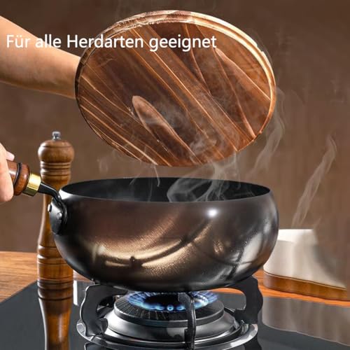HItianya Japanische Eisenpfanne, Schwere Gusseisen-Bräter Unbeschichtet, Handgeschmiedete Antihaftbeschichtete Eisenpfanne, Eisenpfanne Ohne Beschichtung Mit Holzdeckel (Kein Deckel, 28cm)
