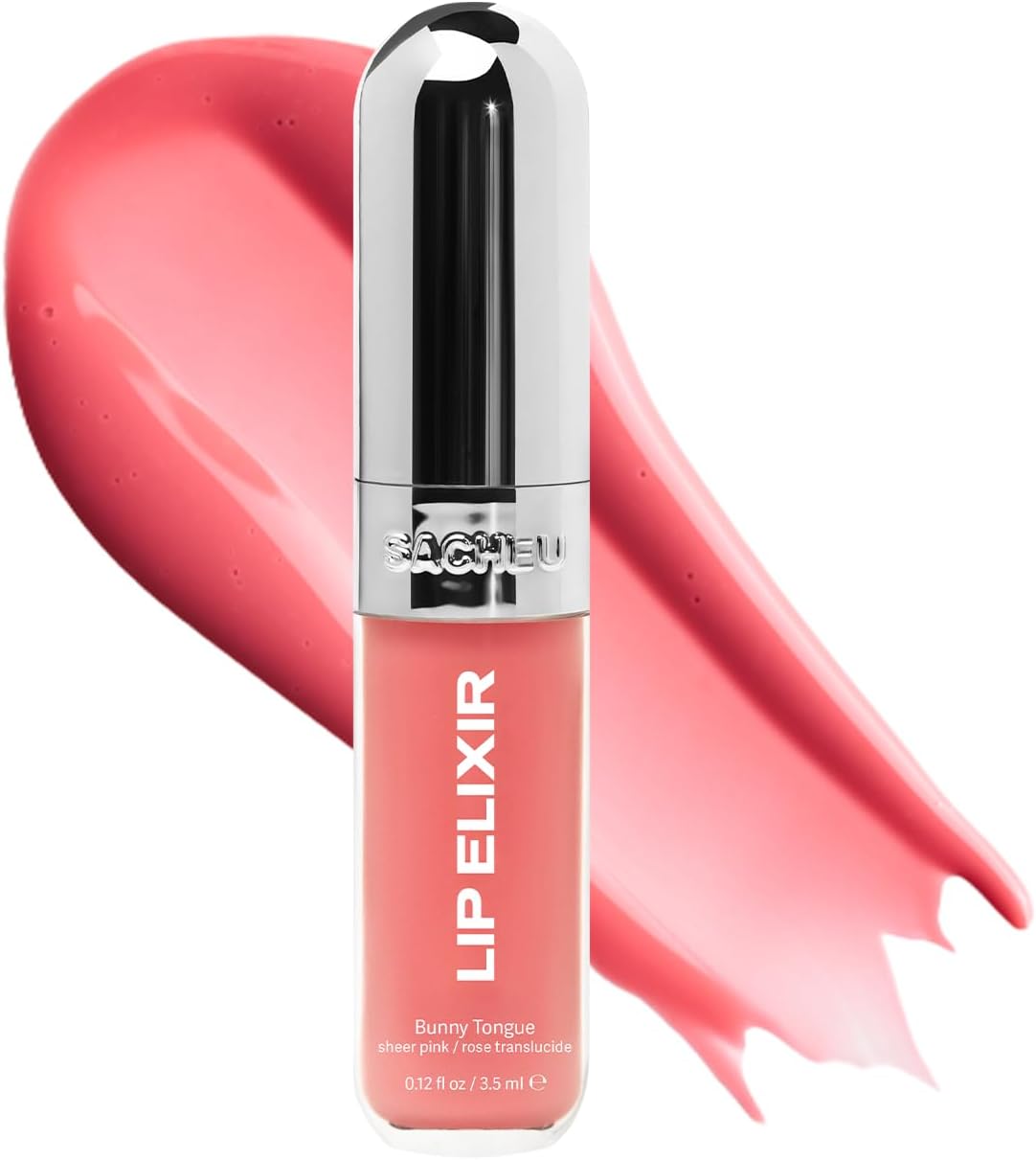 โ Lip Elixir Nourishing and Hydrating Lipgloss โ Moisturizing Plumping Lip Gloss Enriched with Collagen, Non-Sticky Lip Color Smooth High-Shine Finish, Vegan & Cruelty-Free, Bunny Tongue (Pink)