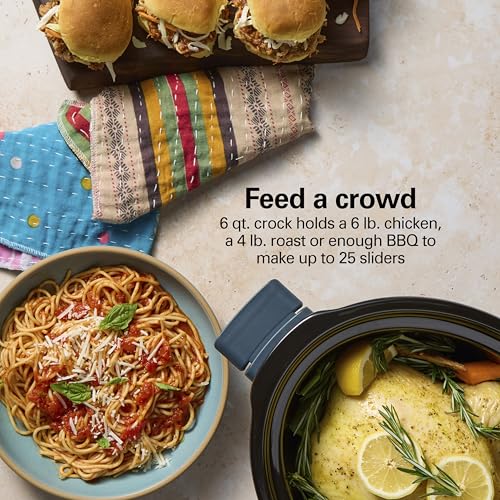 Image of Hamilton Beach 6 Quart Slow Cooker With Space-Saving Folding Handles | 3 Heat Settings | Dishwasher Safe Stoneware Crock & Glass Lid | Kitchen Makeover Blue | 33608