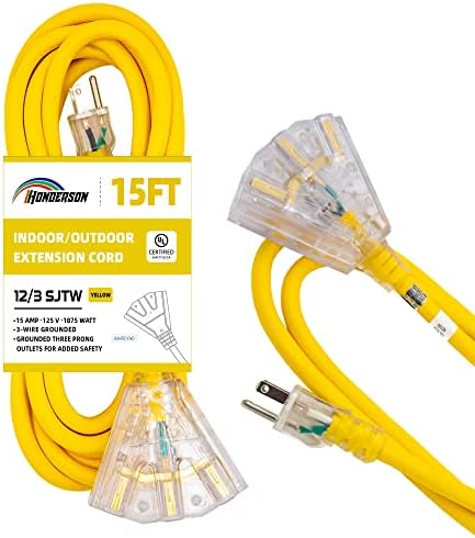 HONDERSON 15 FT Lighted Outdoor Extension Cord with 3 Power Outlets,12/3 SJTW Heavy Duty Yellow Extension Cable with 3 Prong Grounded Plug for Safety,UL Listed
