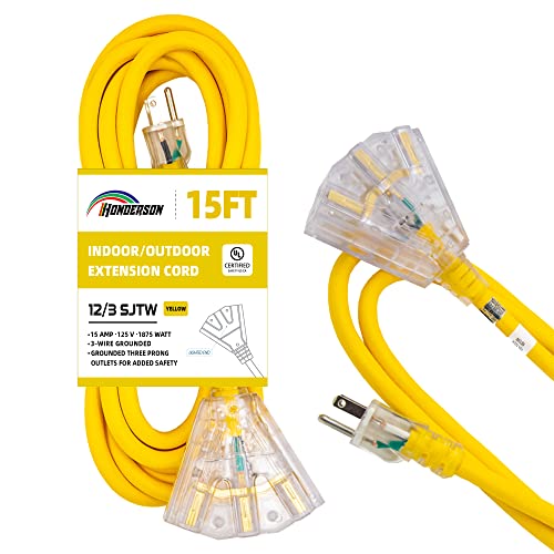 Honderson 15 Ft Lighted Outdoor Extension Cord With 3 Power Outlets,12/3 Sjtw Heavy Duty Yellow Extension Cable With 3 Prong Grounded Plug For Safety,Ul Listed #TOP2