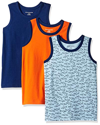 Amazon Essentials Kids Boys Sleeveless Tank Tops, 3-Pack Shark/Blue/Orange, Small