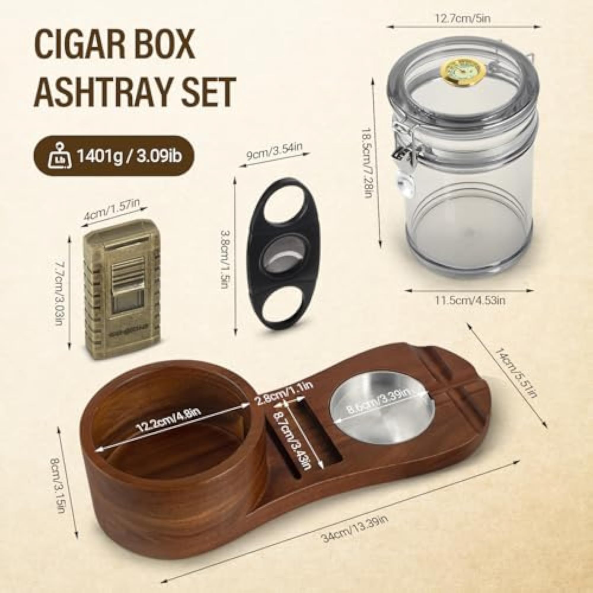 Cigar Humidor and Ashtray Kit, Solid Wood