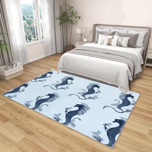 Moquette lavable grand format bleu ciel motif hippocampe 2x3m